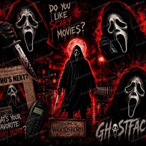 May include: A graphic design featuring the Ghostface character in a black hooded robe, holding a knife, with red and black background elements. Text includes "DO YOU LIKE SCARY MOVIES?", "WHO'S NEXT?", "WHAT'S YOUR FAVORITE SCARY MOVIE?", and "WELCOME TO WOODSBORO".
