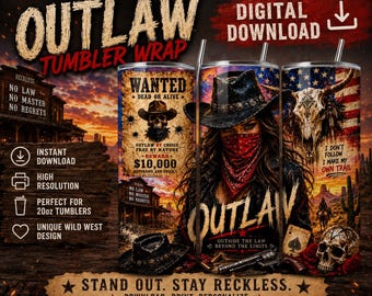 Outlaw Cowgirl Tumbler Wrap PNG | Western Skull Desert Sublimation Design (Digital Download)