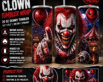 Evil Clown Carnival Wrap PNG | Horror Circus Tumbler Design | 20oz Skinny Straight Digital Download