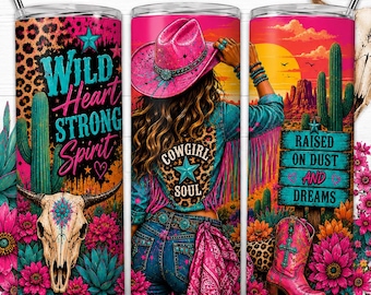 Country Girl Wild Heart Tumbler Wrap PNG | Western Pink Cowgirl Digital Design