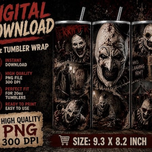 Terrifier Inspired 20oz Skinny Tumbler Wrap PNG | Horror Clown Sublimation Design | Digital Download
