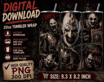 Terrifier Inspired 20oz Skinny Tumbler Wrap PNG | Horror Clown Sublimation Design | Digital Download