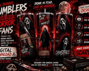 Ghostface Horror Tumbler Wrap PNG | Scary Movie Inspired 20oz Skinny Sublimation Download