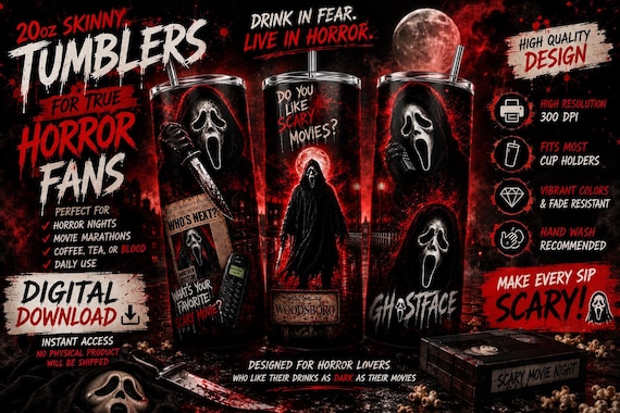 Ghostface Horror Tumbler Wrap PNG | Scary Movie Inspired 20oz Skinny Sublimation Download