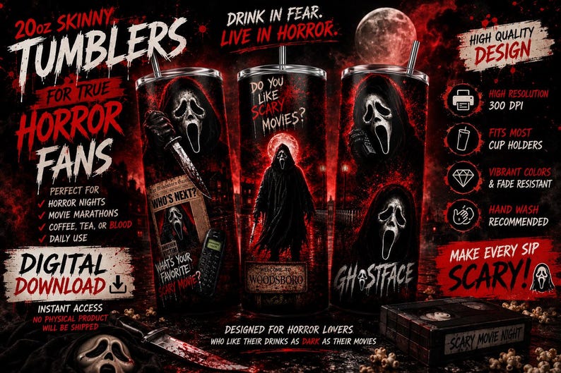 May include: Three 20oz skinny tumblers featuring a dark red and black horror theme with the Ghostface character, a knife, a telephone, and text including 'Do you like scary movies?', 'Who's next?', 'Ghostface', and 'Welcome to Woodsboro'.