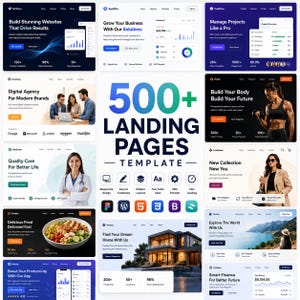 May include: An advertisement for a landing page template, displaying multiple website designs. The image includes mockups for business, health, and finance, with the text '500+ Landing Pages Template'. Features include responsive design and SEO-friendly layouts.