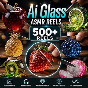 以下が含まれることがあります： 「Ai Glass - ASMR REELS」の広告で、ナイフで切られたガラスのフルーツ彫刻が特徴です。画像には、赤いリンゴ、パイナップル、イチゴ、ライム、ブルーベリー、キウイ、ドラゴンフルーツが含まれています。テキストは「500+ REELS」と表示されています。