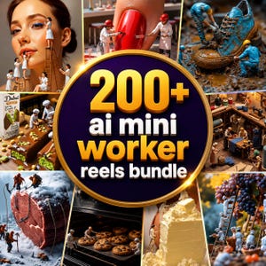 May include: A digital collection of 200+ AI mini worker reels bundle featuring various scenes of miniature figures performing tasks like painting nails, baking cookies, harvesting grapes, and working on a large shoe, with bold central text.