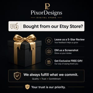 以下が含まれることがあります： 金色のリボンと蝶結びが付いた黒いギフトボックス。テキスト「Bought from our Etsy Store?」が表示され、レビューとギフトに関する指示も含まれています。PixorDesignsのロゴも表示されています。