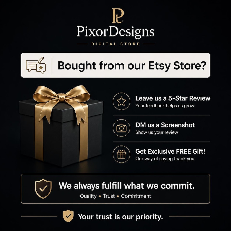 以下が含まれることがあります： 金色のリボンと蝶結びが付いた黒いギフトボックス。テキスト「Bought from our Etsy Store?」が表示され、レビューとギフトに関する指示も含まれています。PixorDesignsのロゴも表示されています。