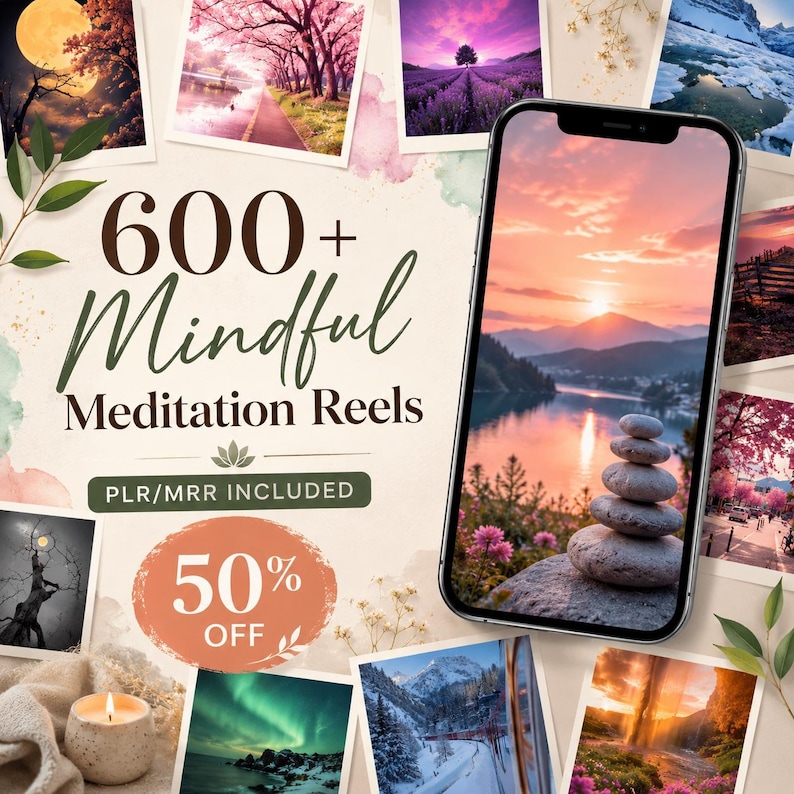 以下が含まれることがあります： 「600+ Mindful Meditation Reels」の広告。穏やかな夕焼けのシーンと積み重ねられた石が表示された携帯電話。画像には、さまざまな自然をテーマにした写真と50％オフのプロモーションが含まれています。