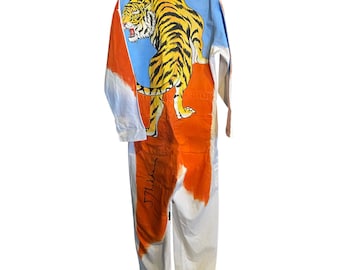 Hand-Painted Tiger Racing Coveralls, Upcycled Jumpsuit, Wearable Art, Signed Jaime Shelley