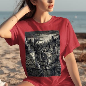 Camiseta con diseño de gatos urbanos en callejones, estilo urbano con aires de azotea, estética de arte callejero, regalo ideal para amantes de los gatos.