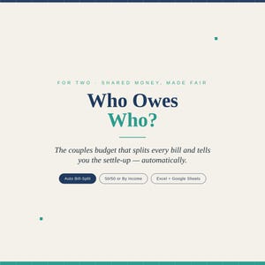 Puede incluir: Un gráfico digital con fondo crema que muestra el texto: FOR TWO · SHARED MONEY, MADE FAIR. Who Owes Who? The couples budget that splits every bill and tells you the settle-up — automatically. Los botones dicen: Auto Bill-Split, 50/50 or By Income, Excel + Google Sheets.