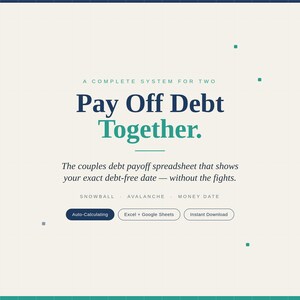 Op de afbeelding: Een digitaal spreadsheet-systeem voor koppels om schulden te beheren, met de tekst: A COMPLETE SYSTEM FOR TWO, Pay Off Debt Together, The couples debt payoff spreadsheet that shows your exact debt-free date — without the fights, SNOWBALL, AVALANCHE, MONEY DATE, Auto-Calculating, Excel + Google Sheets, Instant Download.
