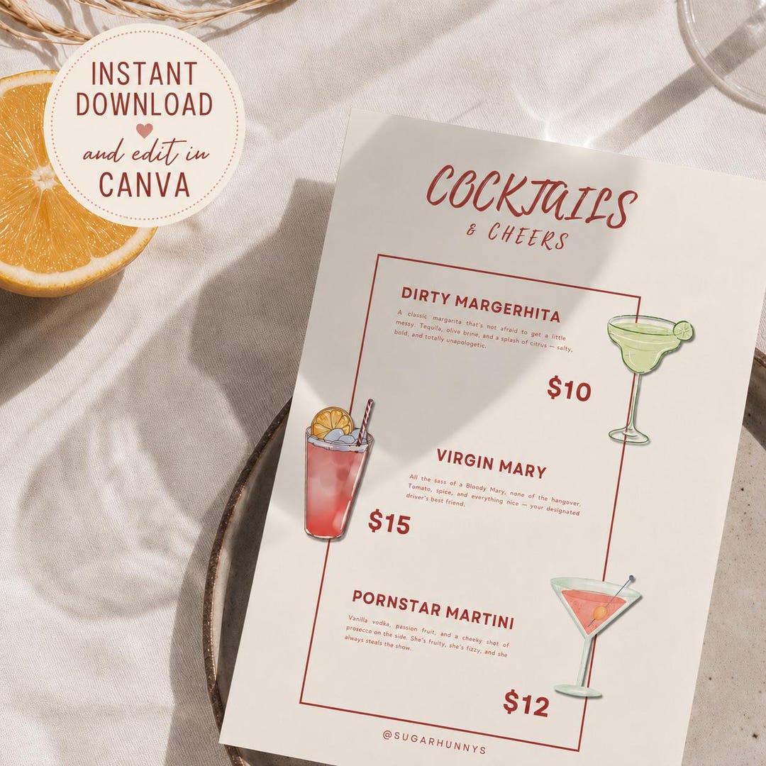 Editable Cocktail Menu Template for Canva | Modern Wedding Drink Menu ...