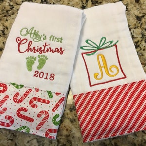 Personalized Burp Cloths-Set of 2, christmas burp cloth, baby&#39;s first christmas