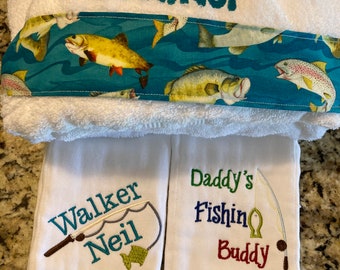 Personalized Hooded Towel, & 2 burp cloths boy or girl, baby shower,baby gifts, fishing