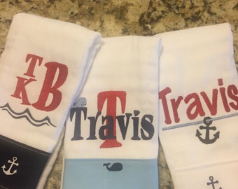 burp cloths for boys--set of 3 nautical, monogrammed burp cloth, personalized burp cloth for boys