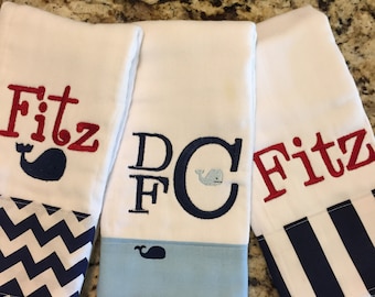 burp cloths for boys--set of 3, monogrammed burp cloth, personalized burp cloth for boys, nautical baby gift