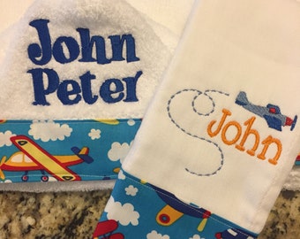Personalized Hooded Towel & burp cloth, airplanes