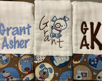 burp cloths for boys--set of 3, monogrammed burp cloth, personalized burp cloth for boys, Dogs