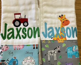 Personalized Burp Cloths for boys or girl, farm animals, Set of 2