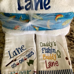 Personalized Hooded Towel, & 2 burp cloths boy or girl, baby shower,baby gifts, fishing