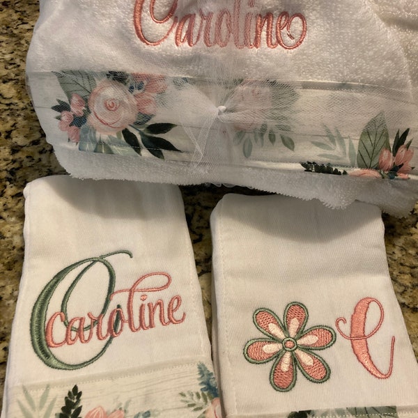 Personalized Hooded Towel, & 2 burp cloth girl baby shower,baby gifts