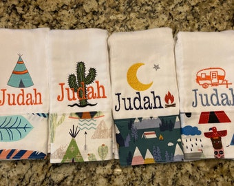 Burp Cloths for Girls or boys Set of 4, personalized burp cloths, camping burp cloths