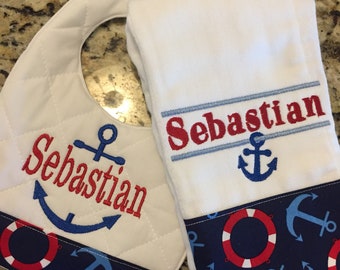 Personalized burp cloth and bib, nautical burp cloths, anchor burp cloths, nautical nursery theme