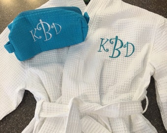 Personalized Monogrammed Waffle Weave Kimono Robe & Cosmetic bag