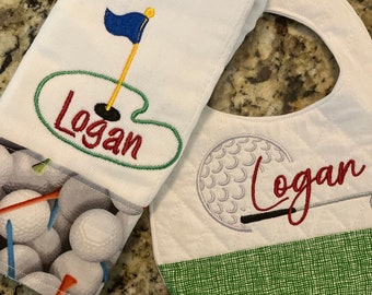 Personalized burp cloth and bib, golf nursery theme