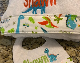 Personalized Hooded Towel & bib, Dinosaur