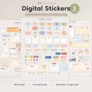 Könnte beinhalten: Drei Bögen digitaler Planer-Aufkleber mit minimalistischem Design. Die Aufkleber sind in verschiedenen Formen und Farben erhältlich, darunter Rechtecke, Kreise und Fähnchen. Der Text auf den Aufklebern enthält Wörter wie "Meeting", "Heute" und "Priorität".