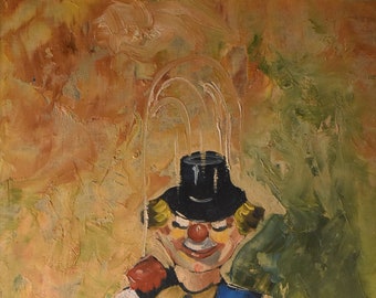 vintage oil painting of standing  clown signed