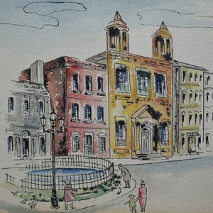 vintage  city park   watercolor drawing of village people park     fountain
