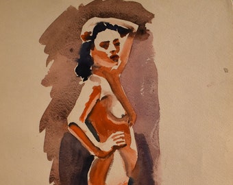 vintage watercolor of nude woman