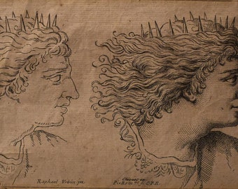 vintage engraving of two classical heads signed