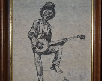 vintage   drawing  of banjo music player  with hat  music player  signed