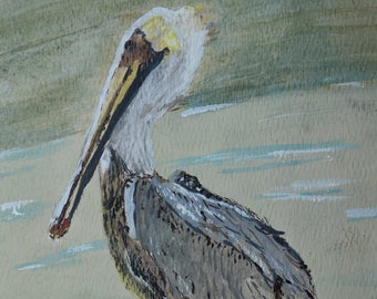 vintage  southern pelican  art     watercolor   pelican on pier post signed