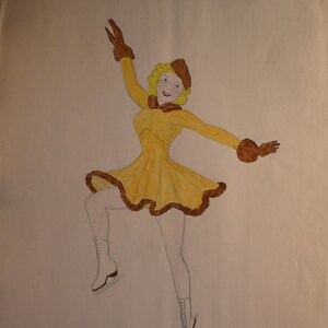 vintage    dancer  watercolor   woman ice skater in yellow dress signed