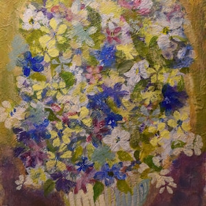 vintage    still life  oil painting of blue yellow purple flowers   in pot signed