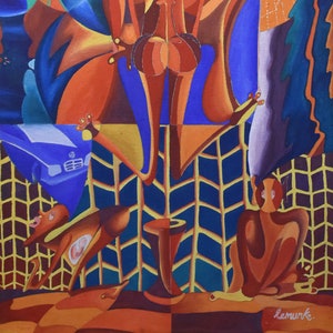 vintage   African painting people    blue shapes    from Kenya signed