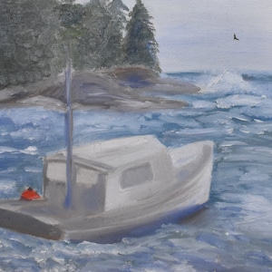 vintage   Maine   fishing  boat oil painting at sea
