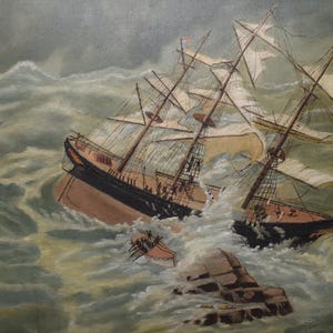 vintage   oil painting of ship in distress at sea ca 1870