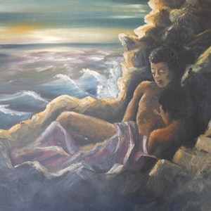 Vintage south sea   art  oil  painting        people on a beach  artist  signed ca.1972