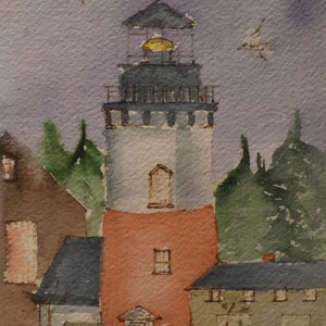 vintage   East Quoddy Head Lighthouse  art watercolor  birds