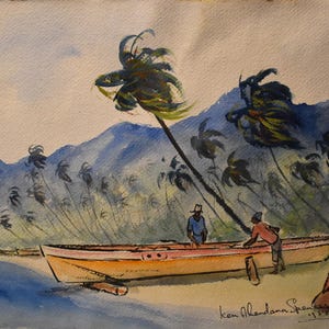 vintage   Jamaican   watercolor of fisherman near boat palm trees hills buoy signed listed artist  Kenneth A  Spencer