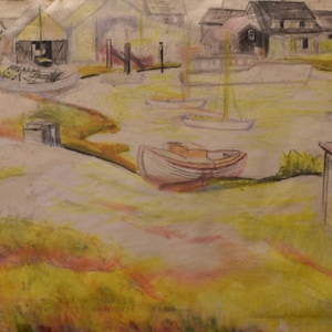 vintage  Maine harbor  watercolor drawing of harbor signed artist jo Cain